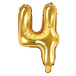 PartyDeco - Mylar-ballon in de vorm van het nummer 4, vier goudkleuren, 35 cm, verjaardag, volwassenen, kinderen, kleur FB10M-4-019