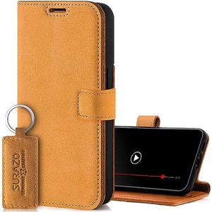 SURAZO Beschermhoesje voor Apple iPhone 15 Pro, klaphoes, echt leer, magneetsluiting, kaartenvak, RFID-bescherming, standfunctie, lederen flip case, camel