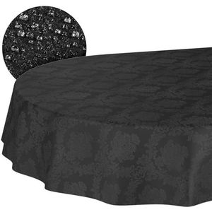 Wasbare polyester katoenen tafelkleed, effen ornament, jacquard-damaststof, wasbaar, barokstijl, zwart, ovaal, 180 x 140 cm, afgesneden rand