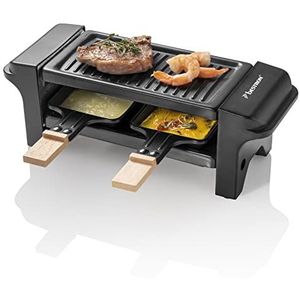 Bestron Raclette voor 1-2 personen, mini-tafelgrill met twee pannen, twee houten schrapers en twee onderzetters, 350 watt, zwart