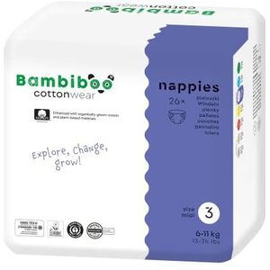 Bambiboo Cottonwear Maat 3 Midi - Biologische luiers - Premium babyluiers - gecertificeerde luiers - ademend - superzachte luiers - milieuvriendelijke wegwerp luiers - 6-11 kg, 26 luiers