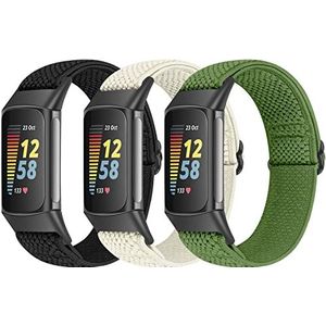 Bcuckood Set van 3 elastische armbanden, compatibel met Fitbit Charge 5, verstelbare nylon sportgesp, ademende reservearmband voor Fitbit Charge 5, heren en dames, Geen edelsteen