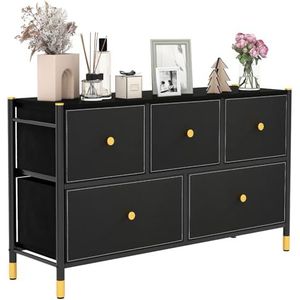 COSTWAY Stoffen commode met 5 laden, met metalen frame, verstelbare voetsteunen en kantelbeveiliging, mandrek voor woonkamer, slaapkamer, hal (5 laden)