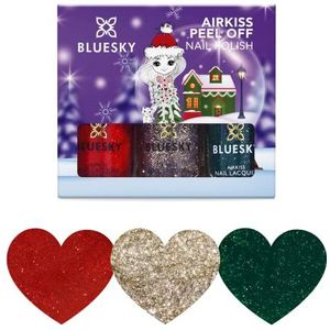 Bluesky Christmas Glitters Nagellakset voor kinderen, groen, goud, rood, gemakkelijk te verwijderen, niet giftig, op waterbasis, geurloos, 3 x 5 ml met stickers