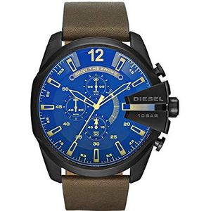 Diesel Mega Chief Herenhorloge, chronograaf kwartsuurwerk, 51 mm zwarte roestvrijstalen behuizing met leren armband, DZ4401, Blauw, riem