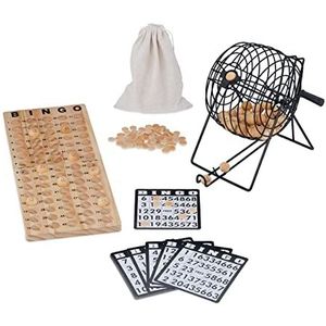 Relaxdays Bingo spel, speeltrommel, 75 ballen, 18 kaarten, 150 chips, speelbord voor kinderen, volwassenen, natuurlijk hout/zwart