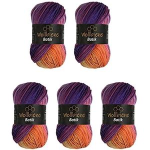 Batik Set van 5 bollen breiwol - 5 x 100 gram - 500 g - Wol met kleurverloop - Meerkleurig - 5600 - Violet - Berry orange