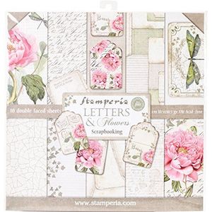 Stamperia Dubbelzijdig tekenblok, 10 vellen, 30,5 x 30,5 cm – letters en bloemen, roze, groen, SBBL22