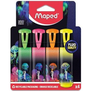 MAPED - 4 markeerstiften Deepsea Paradise - Markeerstiften met afgeschuinde punt - Verpakking met 4 markeerstiften in roze, oranje, geel, groen