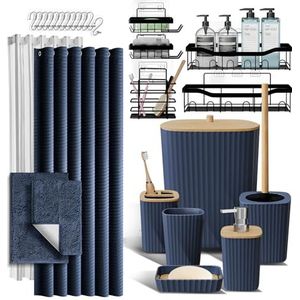 Badkameraccessoireset met douchemand en badmat, 27-delige badkameraccessoireset met douchecaddies, marineblauwe badmat, gordijnset