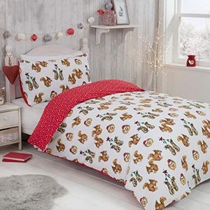 Sleepdown Dekbedovertrekset bosdieren, omkeerbaar, dekbedovertrek en kussensloop, voor eenpersoonsbed, 135 x 200 cm, rood/wit