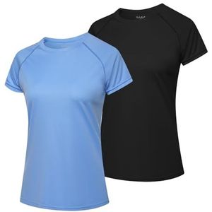 MEETWEE Rash Guard UV Surf T-shirt voor dames, korte mouwen, UPF 50+, zwart en blauw.