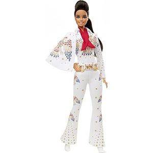 Barbie Signature Elvis Presley GTJ95 verzamelpop, lang, bruin haar, met jumpsuit, jumpsuit, verzamelaarsspeelgoed