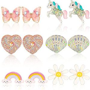 6 paar oorbellen om vast te klikken, voor kinderen, meisjes, set met hartjes, bloem, eenhoorn, bling, zonder boren, prinsessenoorbellen voor sieraden, Metaal
