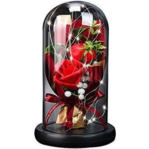 Beauty-rozen, led-lampen in een glazen koepel op houten basis, warmlichtmodus, vallende bladeren, veelzijdig inzetbaar voor thuis, kantoor of thuis, Valentijnsdag