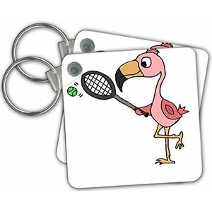 3dRose Funny Cute Pink Flamingo Bird Playing Tennis - sleutelringen, 2,25 x 2,25 inch, set met 2 sleutelhangers, 6 cm, meerkleurig (varies)