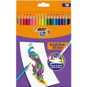 BIC Kids Evolution Illusion kleurpotloden gemakkelijk te verwijderen, met gum op elke pen, om te beschilderen in 18 kleuren, in kartonnen etui