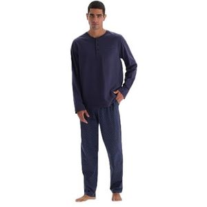 Dagi Gebreide pyjamaset met lange mouwen en halve poot bedrukt, pyjamaset voor heren, Navy Blauw