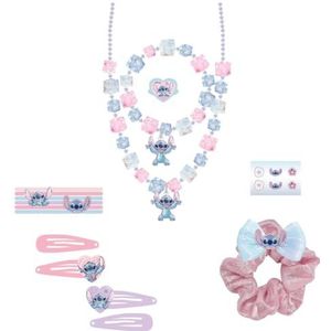 Stitch beautyset voor kinderen, meerkleurig, bevat 6 stoffen elastiekjes, 4 haarspelden, 2 halskettingen, ring en stickers, origineel product ontworpen in Spanje
