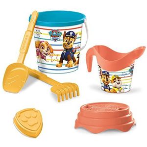 Mondo - 28243 Bucket Mondo Paw Patrol-strandset – Renew Toys emmer en accessoires: zeef, hark, schep, vorm, gieter incl. 28243, geel en rood
