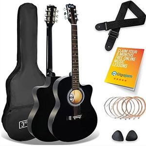 3rd Avenue cutaway akoestische gitaar, 4/4 standaardgrootte, voor beginners, hoes, band, plectrums en reservesnaren set, zwart