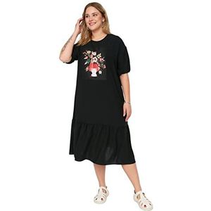 Trendyol Femme Robe Tissu Grande Taille avec Ourlet et Volants, Noir, 44 grande taille
