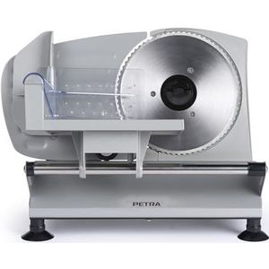 Petra PT4636VDE Elektrische voedselsnijmachine – snijmachine voor keuken, vlees, kaas, brood, instelbare dikte 1-15 mm, 3 x 170 mm, roestvrijstalen messen, antislip zuignappen