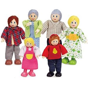 Hape Poppenfamilie, bekroond speelgoed, uniek accessoire voor het poppenhuis van hout, moedig de verbeelding, familie van 6 Kaukasische poppen