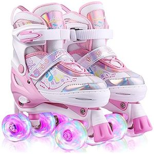 Rolschaatsen, verstelbare rollerskates met 8 lichtgevende wielen, ledverlichting - Vierwielige rolschaatsen, ademend, comfortabel, voor kinderen, maat 27-30