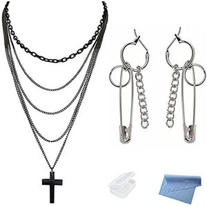 XHBTS Multilayer jaren 80 retro gothic met lange kruis hanger en roestvrij stalen ketting voor mannen vrouwen tieners met mini-stof en mini-box, roestvrij staal, roestvrij staal