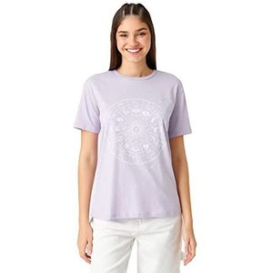 Koton Zodiac Printed T-shirt à manches courtes et col rond pour femme, Violet (377), XS