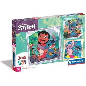 Clementoni - Disney Stitch Supercolor Stitch-3 x 48 cm (inclusief 3 48 stuks) kinderen 5 jaar, cartoon-puzzel, gemaakt in Italië, meerkleurig, 25321