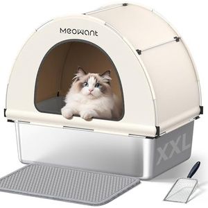 MeoWant Kattenbak van roestvrij staal, XXL, kattenbak met schep, gesloten type in U-vorm, afneembaar kattentoilet met overtrek van Oxford-stof