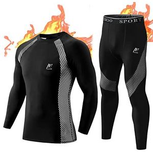 MeetHoo Thermo-ondergoedset voor heren, Quick Dry functioneel, basislaag shirt met lange mouwen en broek voor ski-running sport, zwart.