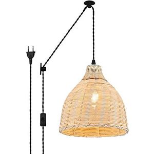 BarcelonaLED hanglamp van wilgenvlechtwerk van bamboe met snoer wandcontactdoos riemschijf vintage lampenkap rotan hout Ø 26 cm E27-fitting voor woonkamer, eetkamer, keuken