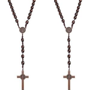 WEBEEDY Set van 2 handgemaakte houten rozenkransen met houten kralen gebedsketting kruisbeeld kruis ketting met kruishanger voor mannen vrouwen christelijk cadeau