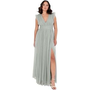 Anaya with Love Dames maxi-jurk met V-hals en korte mouwen split tule A-lijn voor bruiloft gast bruid evenement gelegenheid baljurk dames (1 stuk), Frosty Green