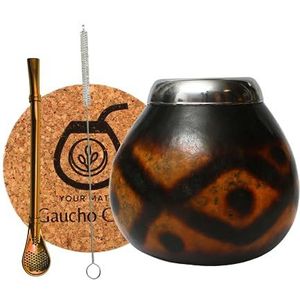 Gaucho Cebar Set van natuurlijke onderbroeken voor Yerba Mate thee | Bombilla Straw Accessories pompoen en stro mok van roestvrij staal - kurkkussen en borstel bruin