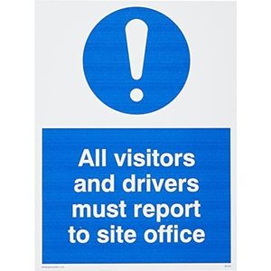 Viking Signs All Visitors And Drivers Must rapport To Site Office Kunststofbord, halfstijf, 1 mm x 150 mm B, MC525-A5P-1M