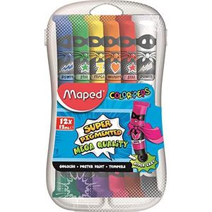 Maped - Gouache verf voor kinderen – 12 intense kleuren – gemakkelijk te openen – klapsluiting – onbreekbare kunststof doos met verdunningsvakken – 12 tubes à 12 ml