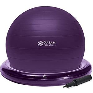 Gaiam Essentials Balance Ball & basisset, yogastoel, 65 cm, gymnastiekbal met opblaasbare basisring voor thuis of kantoor, inclusief luchtpomp, paars