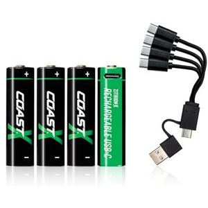 Coast Zithion-X 4 stuks AA 1,5 V USB-C lithium-ion 2400 mAh opladen in 2,5 uur lange levensduur inclusief oplaadkabel