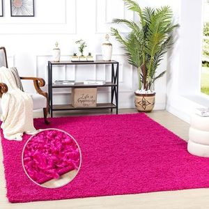 Surya Essentials Modern hoogpolig tapijt voor woonkamer, eetkamer, slaapkamer, abstract tapijt, pluizig, onderhoudsvriendelijk, groot tapijt 160 x 220 cm, roze