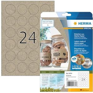 HERMA 10761 20 vellen universele ronde etiketten Ø 40 mm 24 stuks per vel A4 480 bedrukbare matte blanco stickers Silphie papier natuurbruin