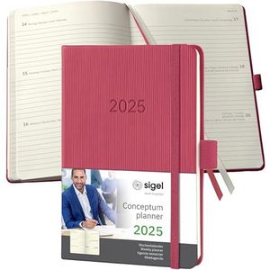 SIGEL Conceptum C2571 Agenda semainier 2025, format A6, rouge, couverture rigide, 176 pages, élastique, passant pour stylo, pochette d'archives, certifié PEFC, vert