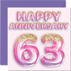 Schattige kaart voor de 63e verjaardag voor vrouw, vriendin, echtgenoot, vriend - glitterballonnen roze paars - familiekaarten ""Happy 63 Verjaardag"", wenskaarten 145 mm x 145 mm voor zestig derde trouwdag