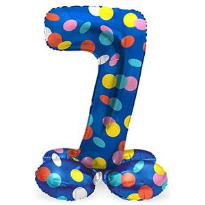 Folat 64787 Verjaardagsballon, cijfers, staande 7 kleurrijke stippen, blauw met kleurrijke stippen, 41 cm, verjaardagsdecoratie, ballonnummer, geen helium nodig, kleurrijk