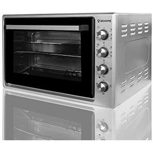 BEHOME Elektrische oven, geventileerd, 70 l, met braadpan, zelfreinigend, geëmailleerd, temperatuur tot 320 graden, dubbel glas met binnenlicht en timer, 1 braadpan, 2 platen en 1 rooster (grijs)