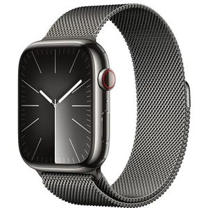 Apple Watch Series 9 (45 mm GPS + Cellular) Smartwatch met roestvrijstalen behuizing en Milanese armband, grafiet. Tracker voor fysieke activiteit, apps voor zuurstof in het bloed en ECG,