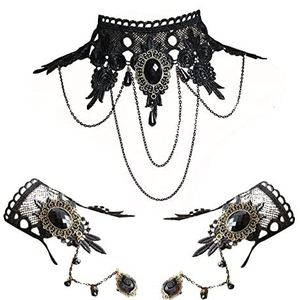TSHAOUN Set van 3 gothic chokerarmbanden - Zwart kant - Met handschoenen - Retro steampunk stijl - Voor Halloween en Pasen, Kant